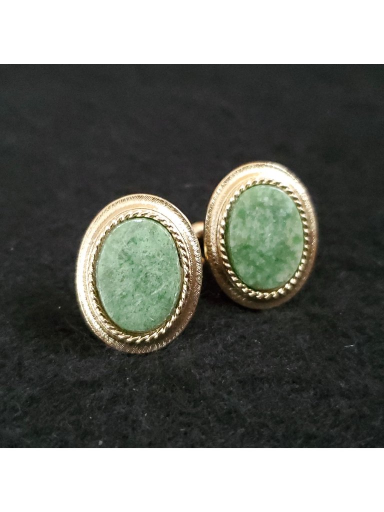 Vintage Cufflinks Gold Tone Green Stone Oval 7/8"